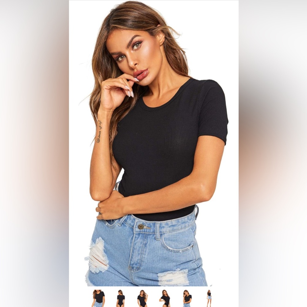 Classic Black Ribbed Women's Bodysuit • Size Small